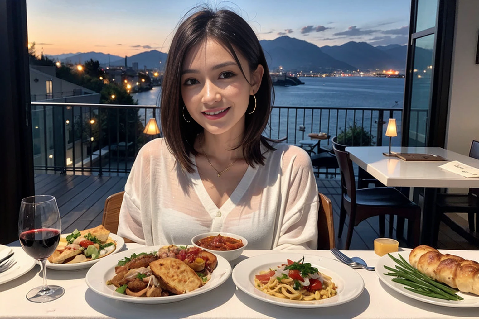(Realistic:1.1),(masterpiece,Highest quality),8k,(56 years old), 53 years old, ベリーslimボディ、slimカップル、Tight waist,Upper Body,full-course dinner、wine 、Amazing view of the sunset sky and clouds、Perfect Anatomy, Brown Hair, short hair,Random Hairstyles,((Highly detailed face and eyes:1.2)),Perfect golden ratio face,Long sleeve shirt、dress,(smile:1.2)、Shortcuts、cute、(Realistic, Intricate details:1.2), A bright smile、short hair,Bright Face、赤wine 、Appetizers、Italian food、wine bottle、Champagne、スパークリングwine、(slimな顔), (The body is slim), (Brown Hair), (Shortcuts), Upper Body, 白wine, slim, wineグラス,