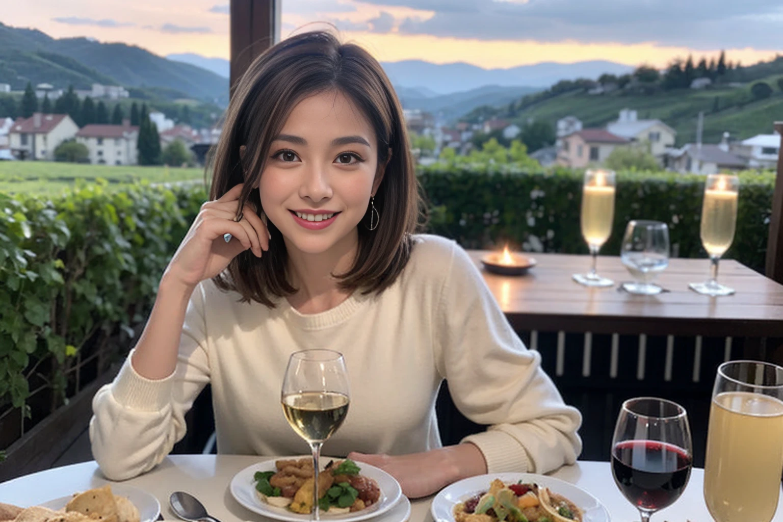 （Realistic:1.1）,(masterpiece,Highest quality)，8k,(56 years old), 53 years old, ベリーslimボディ、slimカップル、Tight waist,Upper Body,full-course dinner、wine 、Amazing view of the sunset sky and clouds、Perfect Anatomy, Brown Hair, short hair,Random Hairstyles,((Highly detailed face and eyes:1.2))，Perfect golden ratio face，Long sleeve shirt、dress,(smile:1.2)、Shortcuts、cute、(Realistic, Intricate details:1.2), A bright smile、short hair,Bright Face、赤wine 、Appetizers、Italian food、wine bottle、Champagne、スパークリングwine、(slimな顔), (The body is slim), (Brown Hair), (Shortcuts),  Upper Body, 白wine, slim, wineグラス, 