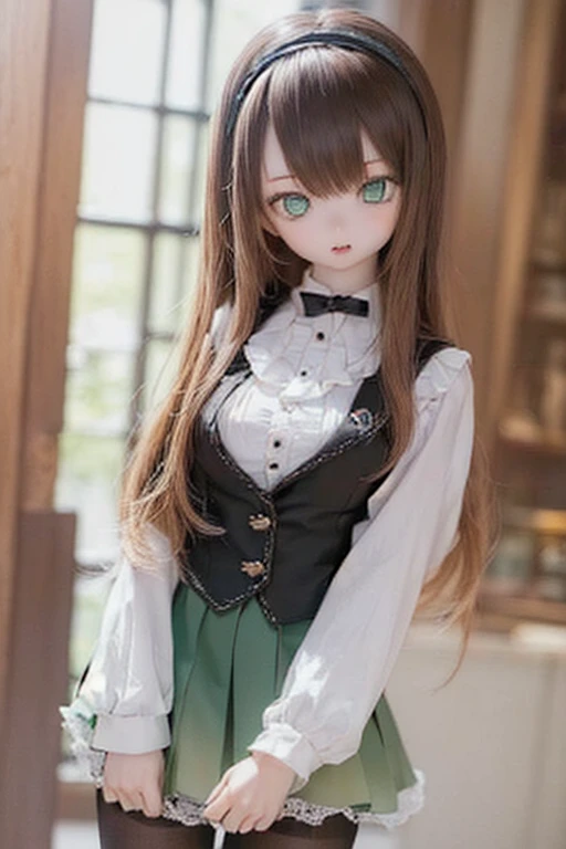 (SFW:2), photorealistic, realistic photo, 8k, ((highest quality)), ((masterpiece)), (extremely detailed), kukolnydom, doll, (mature woman, 21yo, 21 years old, solo:1.6), ((cowboy shot, standing, head tilt, slim, slender, skinny, medium breasts, hairband, ascot, vest, blouse, long puff sleeves, pleated skirt, black pantyhose)), (green eyes, brown hair, long hair, plastic skin, looking at another, glass eyes, gradient eyes, shining eyes, detailed eyes:1.3)