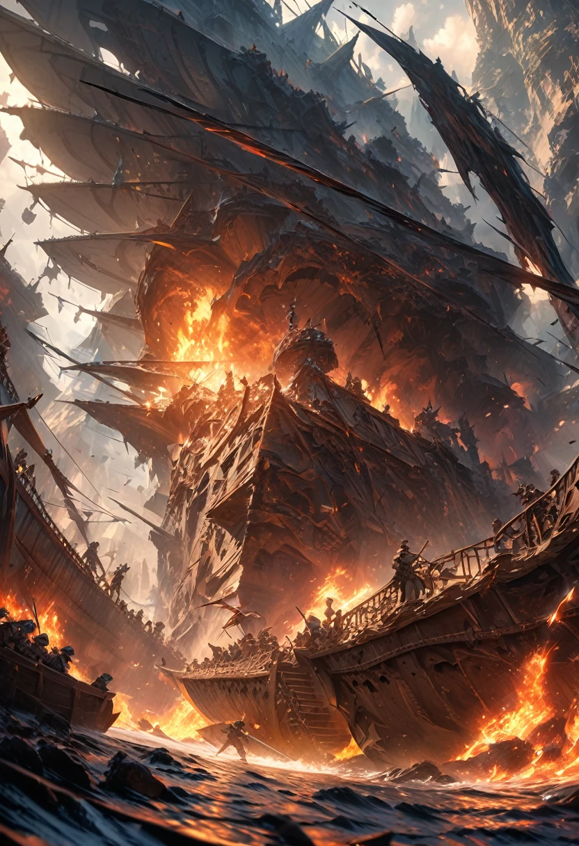 ( Anatomically perfect) Fierce conflict between wars War Wearing pirate uniforms waving knives and swords Background Pirate ship deck Flame fire light Combatants caught in fierce conflict War action movie action movie character movie scene High dynamic pose Super wide angle shot Virtual fantasy elements Fantasy virtual art Intricate, Detailed surreal science fiction art aesthetic light and shadow movie special effects high resolution image surreal texture high resolution, Digital painting, Delicate and dynamic rendering, ultra-high quality, masterpiece, Super detailed, Animation style high definition and high quality presentation