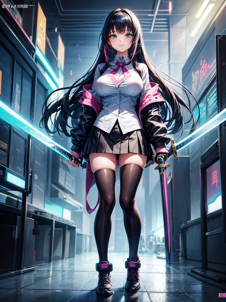 middle  girls，smile，美しいgirl，Beautiful girl from another world，sword of the future，holding a big sword in his hand，girl，Cyberpunk uniforms，The best quality to get you horny，Psychic，Wizard，battle，Colorfulな髪色，完璧なgirl，Super cute girl，Cyberpunk Background，Cute uniform，Uniform of the Future，Wearing a cardigan，Long Hair、Sparkling eyes，She has her bangs down，Colorful，Ultra HD，若いgirl，sex，Green Eyes，エッチなgirl，Full body image，Big Breasts，Beautiful Girl&#39;s Paradise，Fashion Girl，エッチなgirl，Beautiful Girl Country，High-dimensional beautiful girl，A beautiful girl who transcends everything，Pink Cardigan，So beautiful，Absurd，美しいgirl，