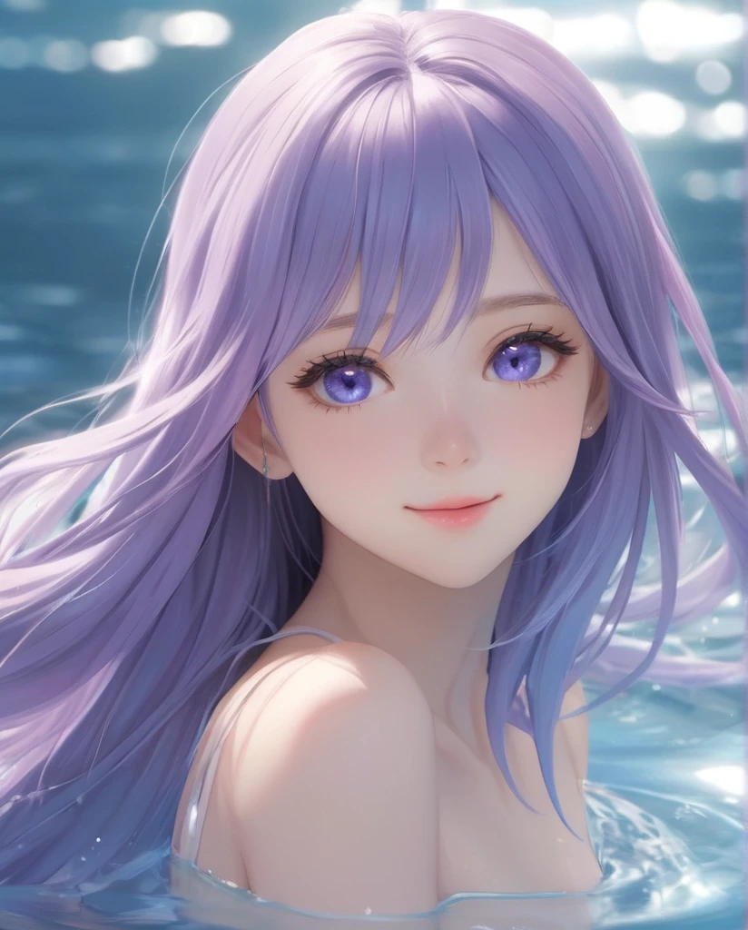 1girl, solo, blue eyes,very long hair, smile, looking at viewer,(full body:1.2), (purple|blue hair),breasts, lips, bangs, nose, closed mouth, medium breasts, realistic, simple background,(realistic:1.5),masterpiece, Extremely detailed CG unity 8k wallpaper, best quality, highres:1.2),(ultra_detailed, UHD:1.2),(pixiv:1.3),perfect illumination,distinct,unreal engine,sidelighting,perfect face,detailed face,beautiful eyes,pretty face,(bright skin:1.3),idol,ulzzang-6500-v1.1,soft smile,(simple background),(depth of field),(ringed eyes:1.4), (holo,holographic hair,holographic body),water, holo water, glass skin, glass,