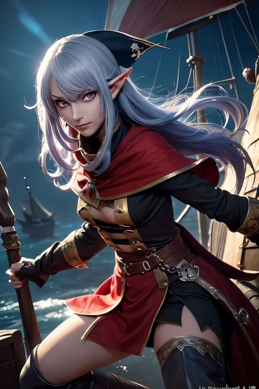 (Ultra-detailed face, looking away, Fantasy Illustration with Gothic, Ukiyo-e, Comic Art, Rich colors), 
BREAK 
(This is an extremely cold sea, closed off by snow and ice. Many medieval-style pirate ships are fighting each other. They are fighting with enemy pirates by shooting cannons from their ships and jumping over the side of the burning ships. The area around the ship is filled with flames and smoke, and the pirates are crowded around the ship.), 
BREAK 
(DarkElves: A middle-aged dark elf woman with silver color hair, blunt bangs, very long disheveled hair and dark purple color skin, lavender color eyes), 
BREAK 
(DarkElves: A female dark elf pirate wears a red phoenix-patterned cloak over mithril chainmail and knee-high boots.), 
BREAK 
(ArmoredSoldier: The dark elf woman pirate smiles wryly, grabs onto the ropes of the ship's mast, jumps onto her opponent's ship with great momentum, and, in a daring pose with her back turned, shoots pirate-style guns in both hands at the enemy pirate. Large sparks light up the area.)