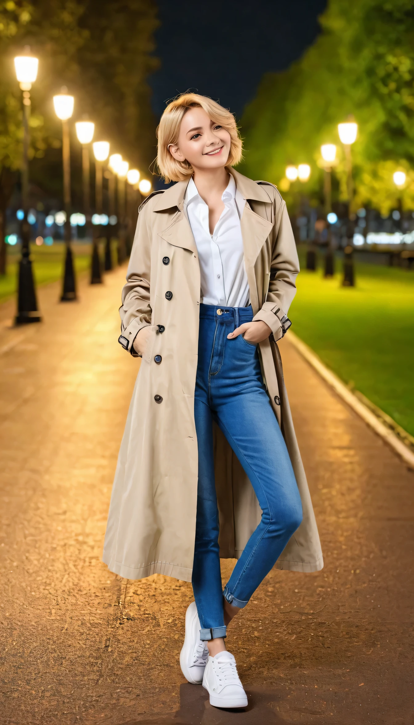 high quality,16K:1.1),(Written boundary depth:1.3) ,Full body photo、Standing woman、smile、Blonde Hair、blue eyes、、Short Haircut、Wearing a trench coat、shirt、Skinny jeans、sneakers、View your audience:1.3),(Full Body Shot:1.2),The background is a park at night
