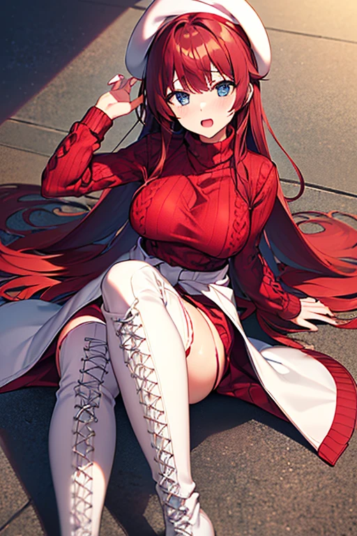 anime、animeスタイル、(masterpiece, Highest quality, Very detailed, Best Shadow), (Detailed Background) ,、One girl, sexy、Red long hair、Blue Eyes、beautiful girl、Eye highlights、(((Round beret、White beret))、、(((red vertical sweater、Red Long Sweater、Red long vertical sweater)))を着たbeautiful girl、(Red clothing≫Lab coat)、A long vertical red sweater, including the bottoms、Absolute area、(((White lace-up thigh-high boots that reach above the knee)))、Red long hair、red vertical sweater、Put on a white coat over your sweater、A black belt worn diagonally around the waist、