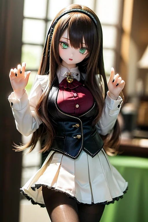 (SFW:2), photorealistic, realistic photo, 8k, ((highest quality)), ((masterpiece)), (extremely detailed), kukolnydom, doll, (mature woman, 21yo, 21 years old, solo:1.6), ((cowboy shot, standing, head tilt, slim, slender, skinny, medium breasts, hairband, ascot, vest, blouse, long puff sleeves, pleated skirt, black pantyhose)), (green eyes, brown hair, long hair, plastic skin, looking at another, glass eyes, gradient eyes, shining eyes, detailed eyes:1.3)