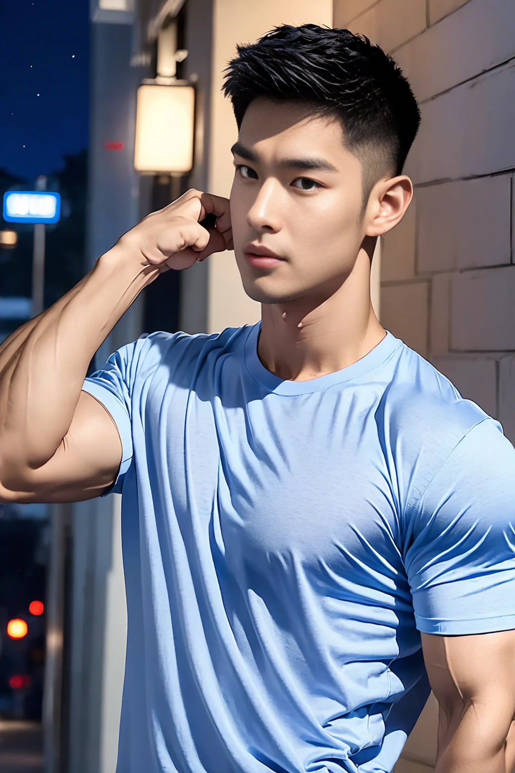 Korean male model, Big muscles,Full chest muscles,Swelling of chest muscles, Handsome, Cool, Smoothly combed hair, Ear piercing, Wearing a navy blue and white patchwork T-shirt, Holding a lollipop, image, modeling, Dynamic poses, Japanese Street, In the middle of the night, Shop Lighting Trade, full-body shot