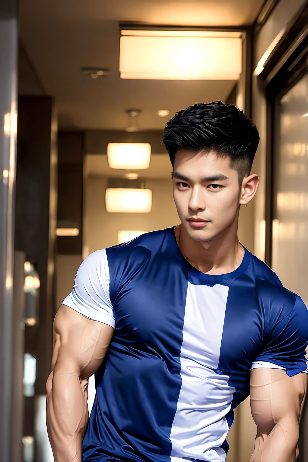 Korean male model, Big muscles,Full chest muscles，Swelling of chest muscles， Handsome, Cool, Smoothly combed hair, Ear piercing, Wearing a navy blue and white patchwork T-shirt, Holding a lollipop, image, modeling, Dynamic poses, Japanese Street, In the middle of the night, Shop Lighting Trade, full-body shot
