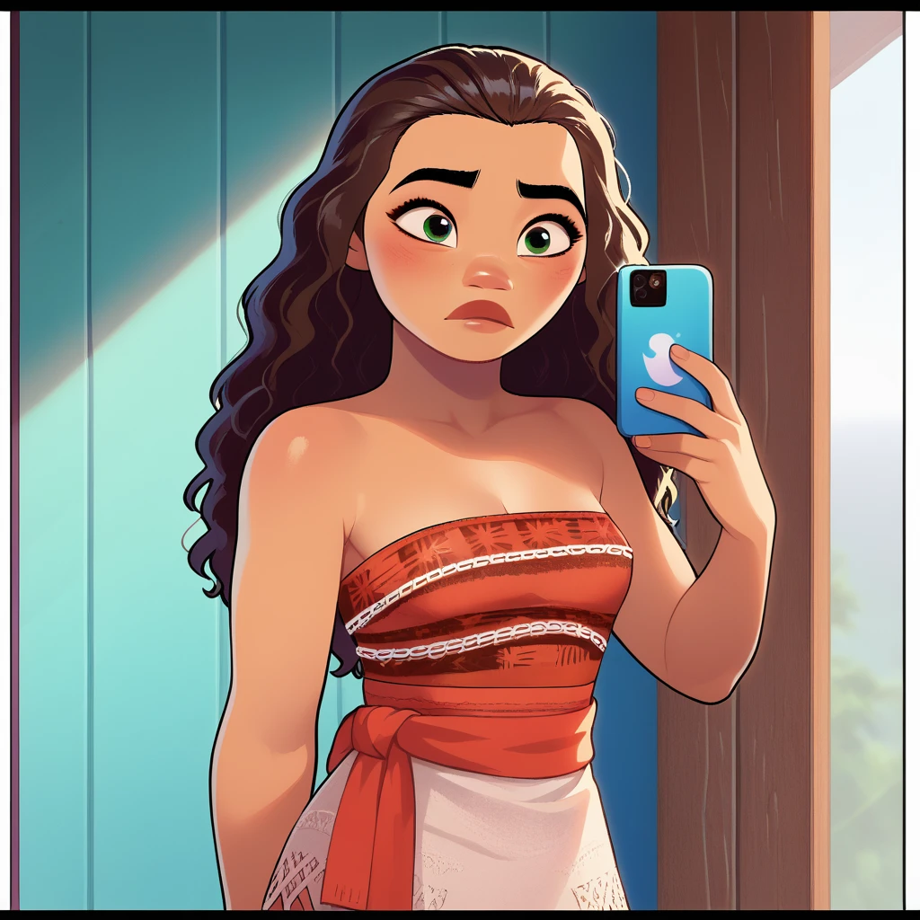 score_9_presence, score_8_up, Moana, wrapped in towel, medium breasts, holding phone