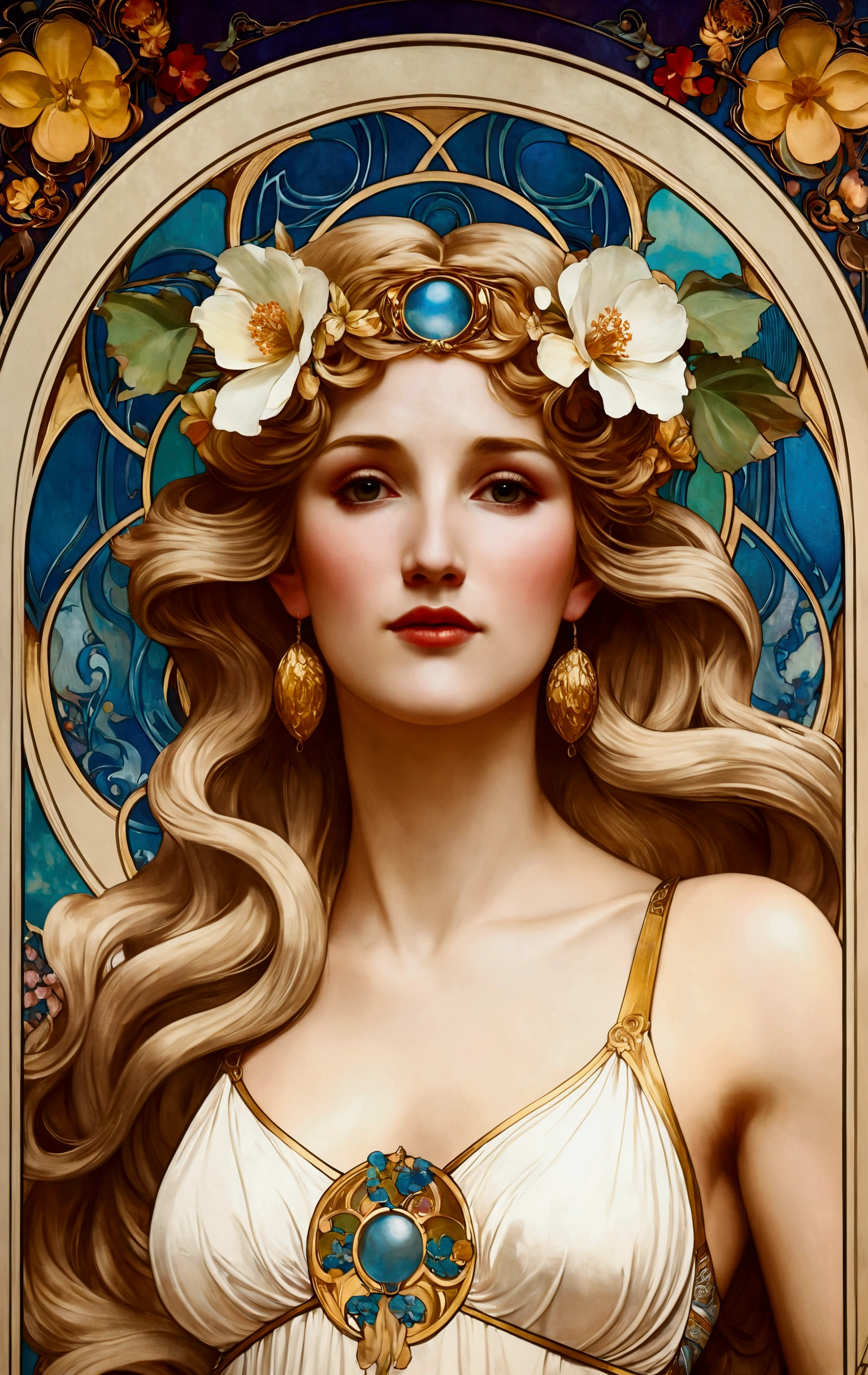 European woman portrait,goddess, above waist, Long flowing hair, Blonde, Oil painting, Model imposing, flower frame, decorative panel, abstraction, directed by: Alphonse Mucha (Main part, extremely high quality, High resolution: 1.4), detailed, intricate details, splash of colour, Line art, Fibonacci, Wear underwear, atmospheric perspective, Art Nouveau, 4k