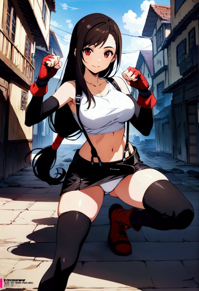 score_9, score_8_up, score_7_up,(best quality,masterpiece),ultra detailed,(aesthetic,very aesthetic),highly detailed),megami_magazine,official art,1girl, tifa lockhart, final fantasy, tareme,black hair, low-tied long hair, red eyes, bangs, white tank top, belt, pleated skirt, thighhighs, elbow fingerless gloves, elbow pads, midriff, navel,suspender skirt . ,(large_breasts:1.2),(perky breasts;1,2),(light smile),panties shot,,Solo,,(daytime and beachside and city),,professional lighting,cinematic lighting,fullbody,fighting pose,fighting stance,