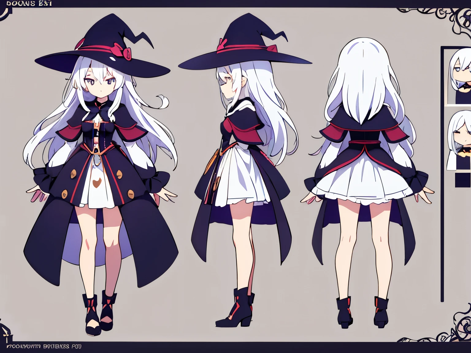 simple background, full body, character sheet, three view drawing, front and back and side, standing girl,color,white hair, long hair, cute, top quality, witch,