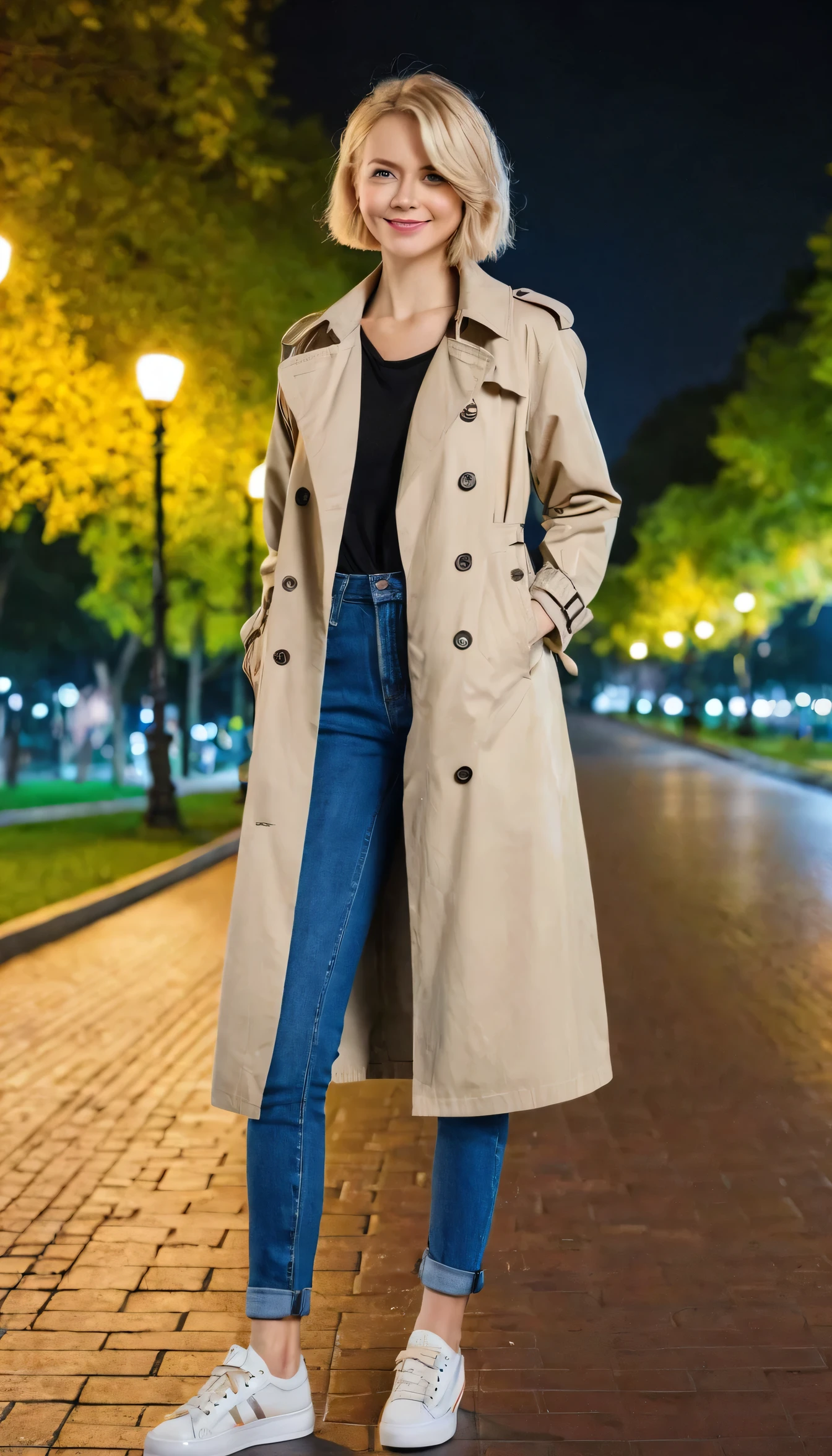 high quality,16K:1.1),(Written boundary depth:1.3) ,Full body photo、Standing Caucasian woman、smile、Blonde Hair、blue eyes、、Short Haircut、Wearing a trench coat、shirt、Skinny jeans、sneakers、View your audience:1.3),(Full Body Shot:1.2),The background is a park at night