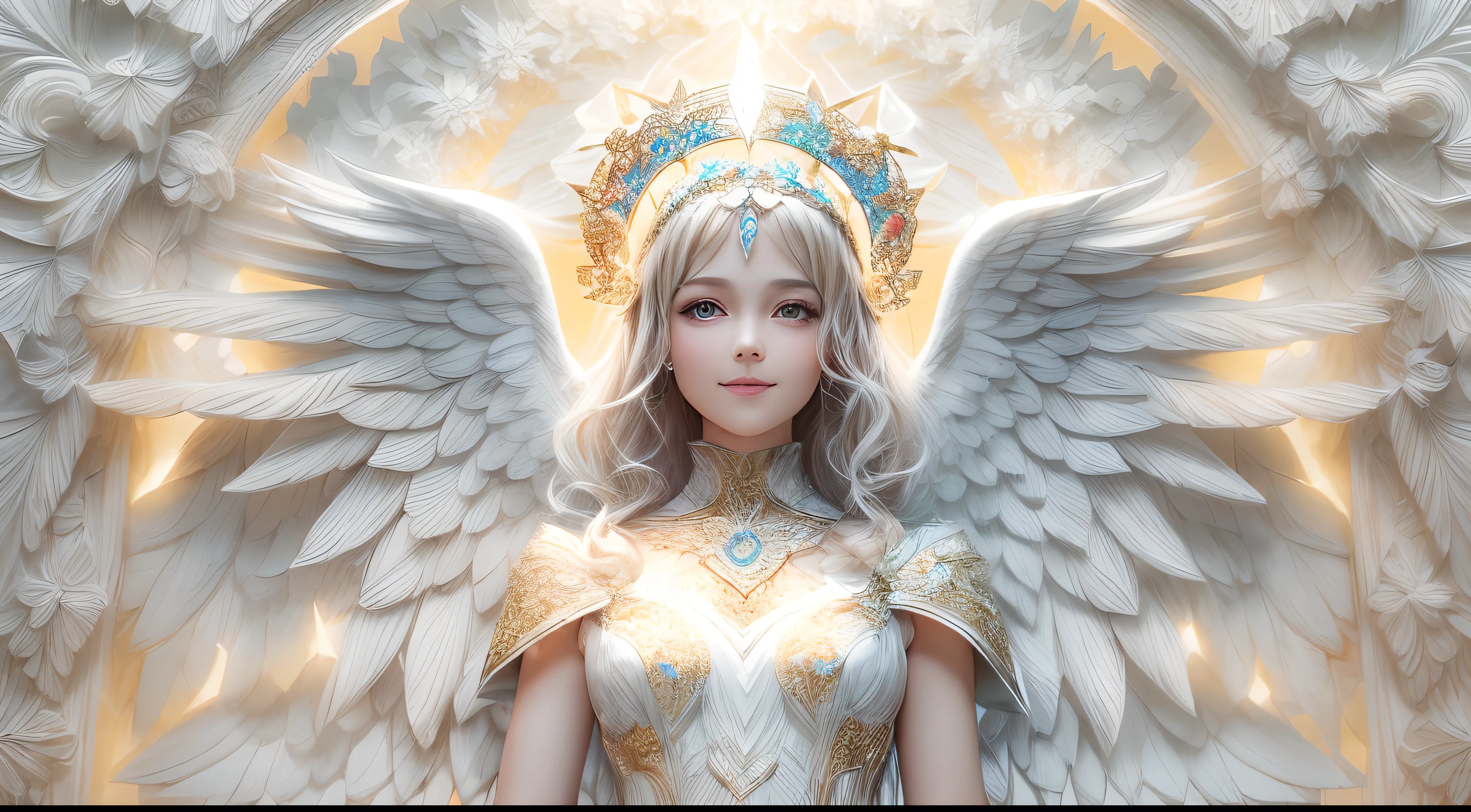 (tir de tout le corps:1.4), white background, (1 fille ange,shiny wings, Halation, coiffure exquise, ssmile), (art of paper, Quilted art of paper, geometry), (extremely colorful, best quality, very detailed, head of'artwork, Cinematic lighting, 4K, clair-obscur)