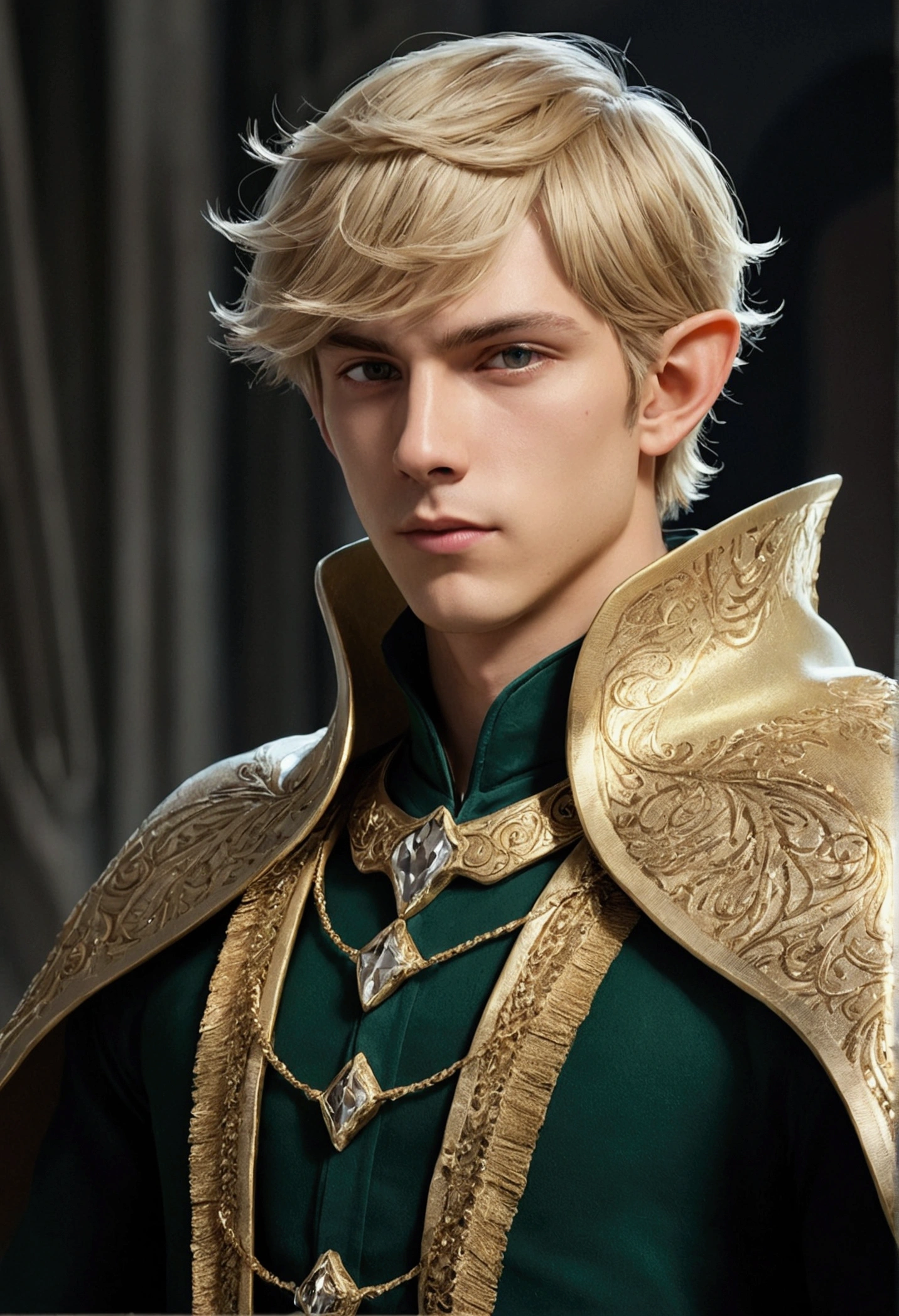 head of'artwork, best quality, 1male, adulte, foyer masculin, bare, medium blonde hair, yeux verts vibrants, regarder le spectateur, cape, Texture métallique de haute qualité, Above, closed mouth, fringe, collar,(kbxll:0.6), Fantastic aesthetic, very detailed, Shadowverse Style, outfit'executor, ear of'Elf, Repairing hands