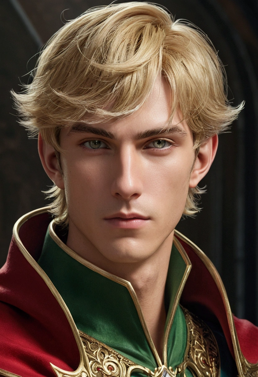 head of'artwork, best quality, 1male, adulte, foyer masculin, bare, medium blonde hair, yeux verts vibrants, regarder le spectateur, cape, Texture métallique de haute qualité, Above, closed mouth, fringe, collar,(kbxll:0.6), Fantastic aesthetic, very detailed, Shadowverse Style, outfit'executor, ear of'Elf, Repairing hands