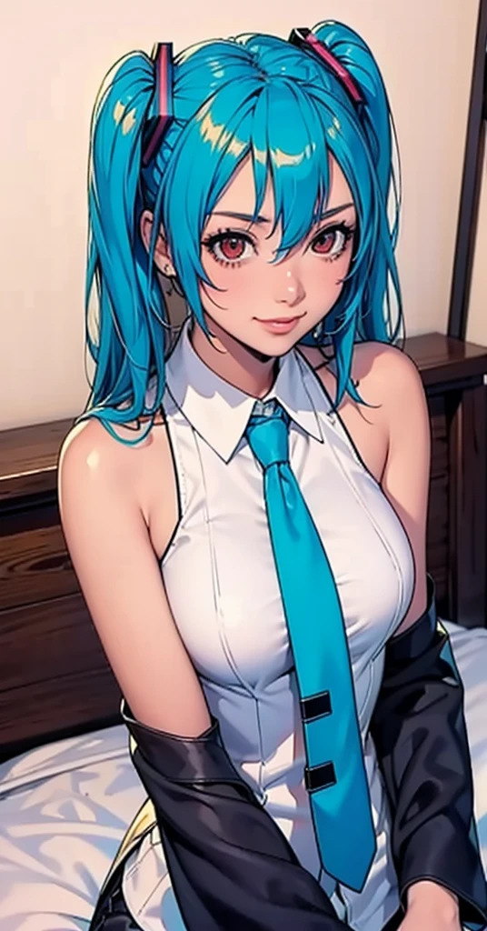 masterpiece, hatsune miku, White shirt, Blue tie, Exposing shoulders, The sleeves are separated, Evil Smiley Face, Dark Skin, Red eyes, Iris, Pupil orange,