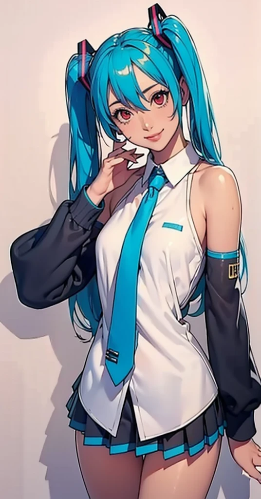 masterpiece, hatsune miku, White shirt, Blue tie, Exposing shoulders, The sleeves are separated, Evil Smiley Face, Dark Skin, Red eyes, Iris, Pupil orange,