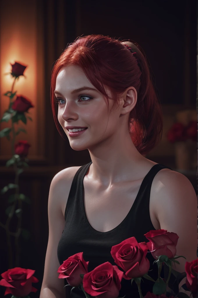 girl , 1solo, ponytail hairstyle ,Auburn-red-hair,smile, digital painting, dramatic lighting, ultra realistic, smooth, soft 8k, art , blur backgrond, wearing black shirt, hold pink roses ,black background , bokeh, roses , botanique , look at view, roses