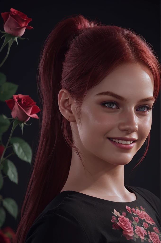 girl , 1solo, ponytail hairstyle ,Auburn-red-hair,smile, digital painting, dramatic lighting, ultra realistic, smooth, soft 8k, art , blur backgrond, wearing black shirt, hold pink roses ,black background , bokeh, roses , botanique , look at view, roses