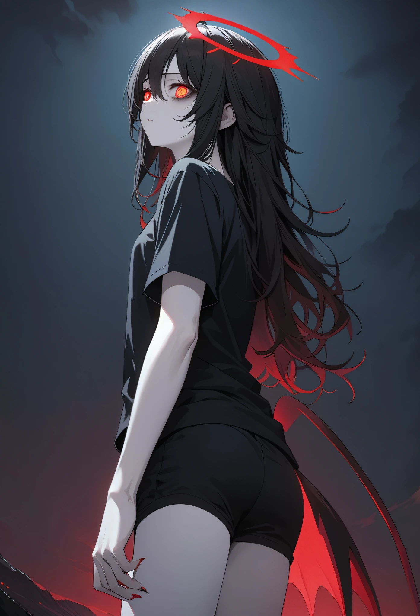 (masterpiece), detailed illustration, dynamic angle, ultra-detailed, side-view, illustration, 1man, half-human half-succubus, pale skin, thin delicate body, (demonic), wavy black hair, shoulder length hair, (extremely detailed eyes:1.37), (glowing red eyes), (black bags under eyes), strung out looking, black shorts, black T-shirt, outside at night, (blood moon behind head), (moon around head like a halo), thin red devil tail with blood on the tip