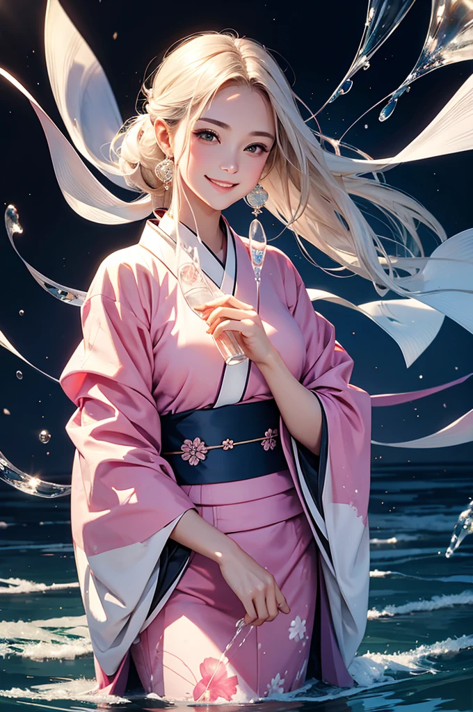 Smiling beautiful woman in a kimono holding a transparent glass of water close to her face