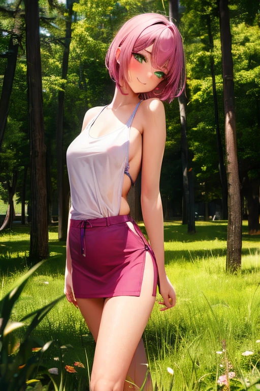 Best Picture, Masterpiece, 4K, High Quality, One Adult
Woman. The woman has pink hair. Her hair is a pixie cut. Long slit eyes, green eyes,
Model like beauty, perfect proportions. Perfect legs. Perfect arms. Tank top and tight mini skirt. High heels.
(A woman stands in the grass in the forest.
She has a blush on her cheeks and a mischievous smile on her face.