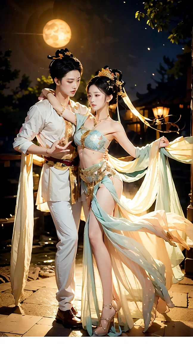 (Couple hugging) rough naked man muscular Zeus, majo, sexy, seios grandes, decote, pernas nuas, transparente, standingn, Hanfu, molhado, ju, realista, mais alto detalhe, Mitologia Chinesa, dragon pattern, phoenix, sagrado, santo, montanhas douradas, heavenly palace, countless palaces, nuvens, luz dourada