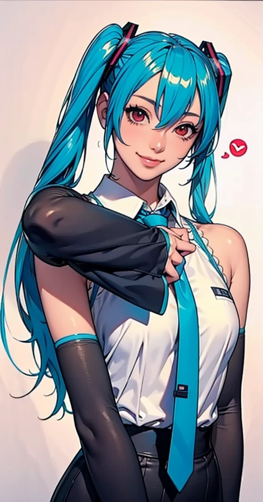 masterpiece, hatsune miku, White shirt, Blue tie, Exposing shoulders, The sleeves are separated, Evil Smiley Face, Dark Skin, Red eyes, Iris, Pupil orange,