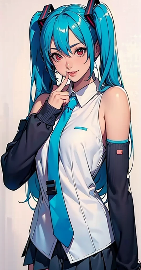 masterpiece, hatsune miku, White shirt, Blue tie, Exposing shoulders, The sleeves are separated, Evil Smiley Face, Dark Skin, Red eyes, Iris, Pupil orange,