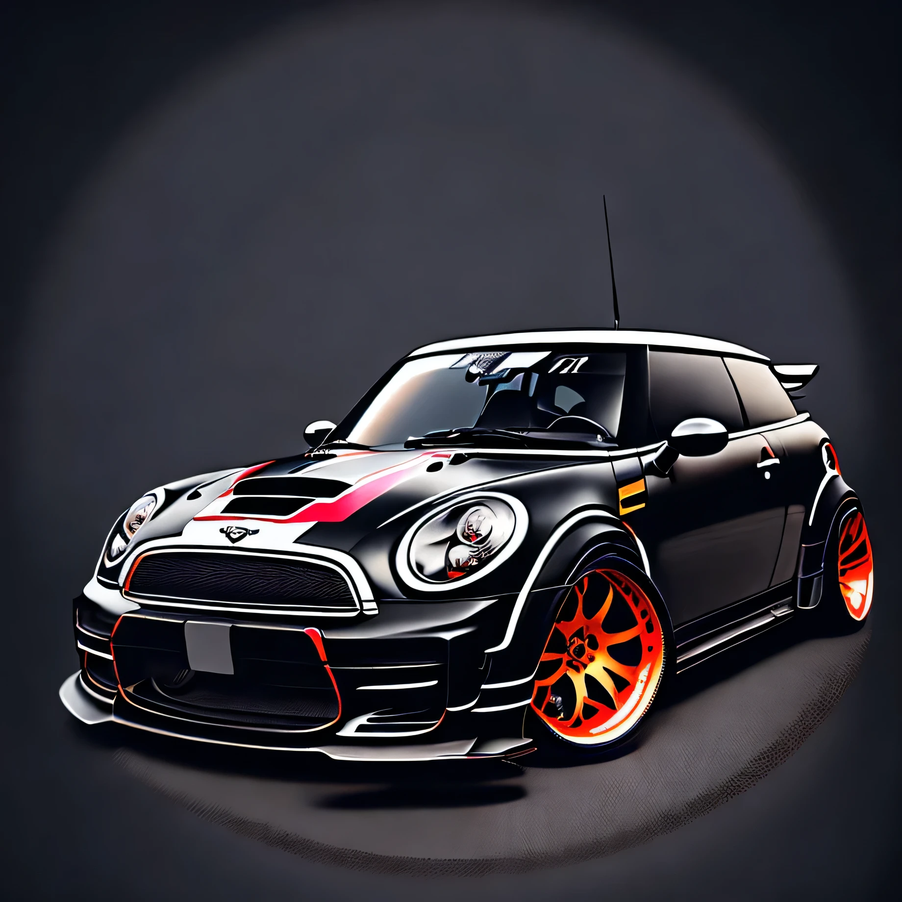 circle t-shirt graphic design, F56 Mini Cooper S matte grey and black roof and black bonnet stripes colour scheme, ((carbon fibre, Liberty walk ultra wide body kit)), aggressive stance ((background: racetrack, outside old industrial style building, large windows in background, bright sky, heavy industrial look, 8K quality, realistic, realism, sharp, detailed, ultrawide, , front profile, epic stance, epic ultra wide body kit, super low stance, aggressive looks , street, highly detailed clean, vector image, realistic masterpiece, professional photography, realistic car, flat black background, isometric, vibrant vector