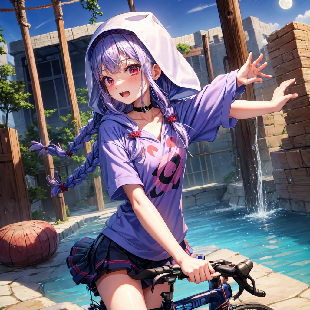 Blue-light purple hair、Red eyes、Braid、bandana、One cute girl、solo、And soul、Light clothing、Checked mini skirt、petal、Wet hair、black t-shirts、Rabbit Hoodie、large tree、cloud、Red full moon、desert、barefoot、Stones are piled up、Teeth are visible、Secret Treasure、Fortress City、Tilting face、Pedalling a bicycle