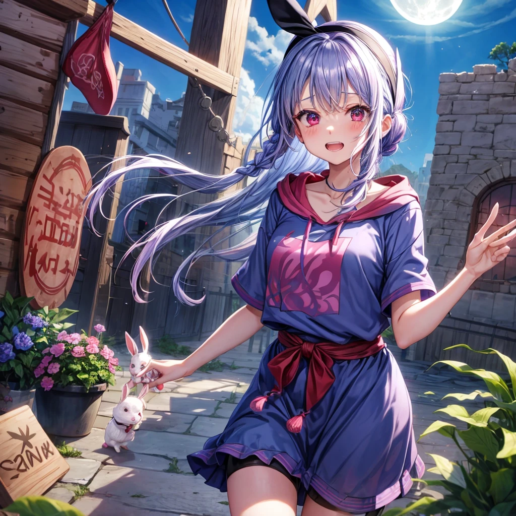 Blue-light purple hair、Red eyes、Braid、bandana、One cute girl、solo、And soul、Light clothing、Checked mini skirt、petal、Wet hair、black t-shirts、Rabbit Hoodie、large tree、cloud、Red full moon、desert、barefoot、Stones are piled up、Teeth are visible、Secret Treasure、Fortress City、Tilting face、Pedalling a bicycle