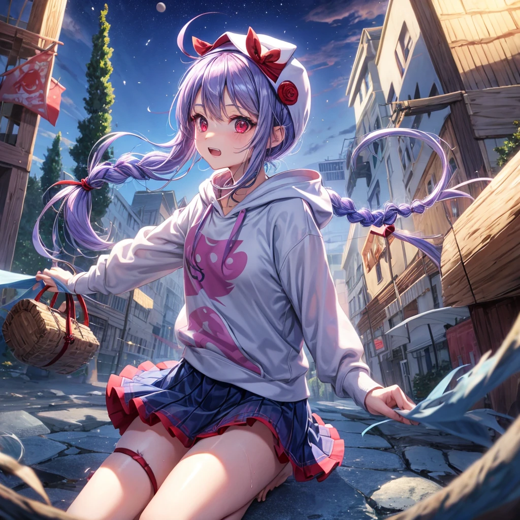 Blue-light purple hair、Red eyes、Braid、bandana、One cute girl、solo、And soul、Light clothing、Checked mini skirt、petal、Wet hair、black t-shirts、Rabbit Hoodie、large tree、cloud、Red full moon、desert、barefoot、Stones are piled up、Teeth are visible、Secret Treasure、Fortress City、Tilting face、Pedalling a bicycle