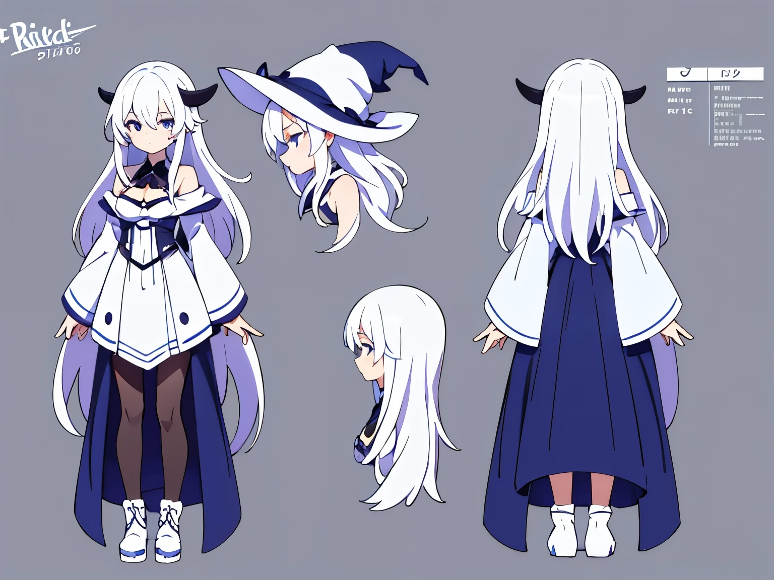 simple background, full body, character sheet, three view drawing, front and back and side, standing girl,color,white hair, long hair, cute, top quality, witch,