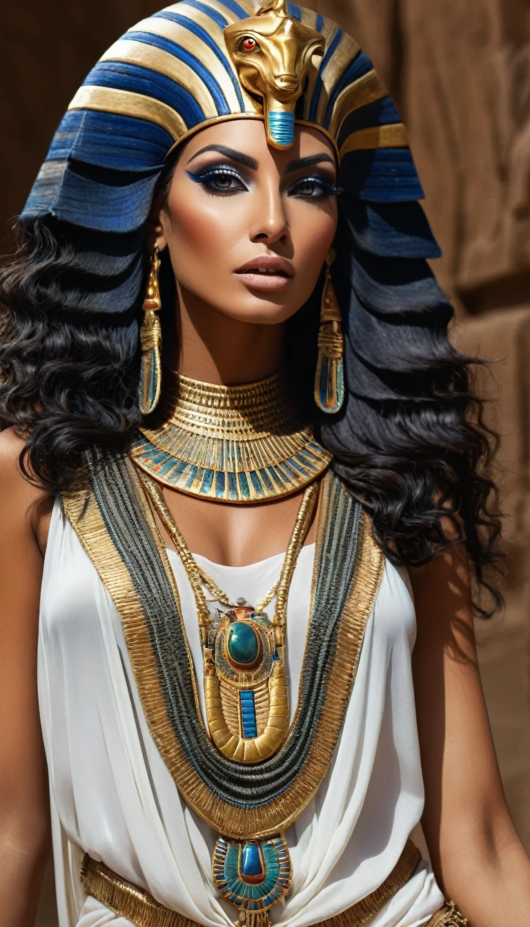 Egyptian Pharaoh  goddes , beautiful model, young gorgeous women, , storm Egyptian god, wind Egyptian god, Nyarlathotep, an undead desert lich pharaoh, portrait of a scorpion goddess, photo of ghost of Anubis, eldritch goddess, Egyptian mummy queen, goddess. extremely high detail, ultra realistic, , right halve of face revealing beautiful face,  covered in Egyptian pharaoh silk rhobes, full body picture, photograph from head to toe, full body view, lower body and legs visible, gemstones and wealth