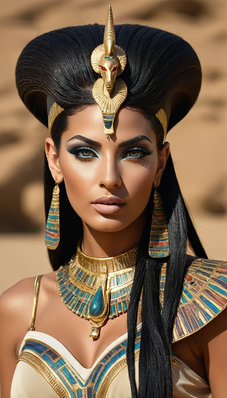 Egyptian Pharaoh  goddes , beautiful model, young gorgeous women, , storm Egyptian god, wind Egyptian god, Nyarlathotep, an undead desert lich pharaoh, portrait of a scorpion goddess, photo of ghost of Anubis, eldritch goddess, Egyptian mummy queen, goddess. extremely high detail, ultra realistic, , right halve of face revealing beautiful face,  covered in Egyptian pharaoh silk rhobes, full body picture, photograph from head to toe, full body view, lower body and legs visible, gemstones and wealth