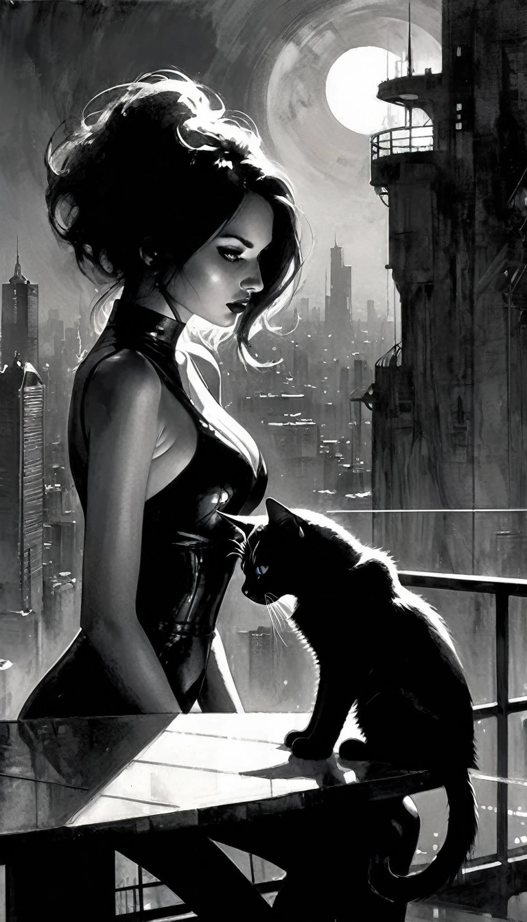 very sexy girl drinks coffee with her pet cat, on a terrace overlooking a futuristic city, sunrise, eroticism, sexy, black and white image, between shadows, oil painting, chiaroscuro, sensual, dramatic lighting, moody atmosphere, photorealistic, intricate details, masterpiece, ultra-detailed, high quality, 8k, best quality, realistic, cinematic, dark and brooding, expressionistic, powerful composition, emotional impact, Bill Sienkiewicz inspired art
