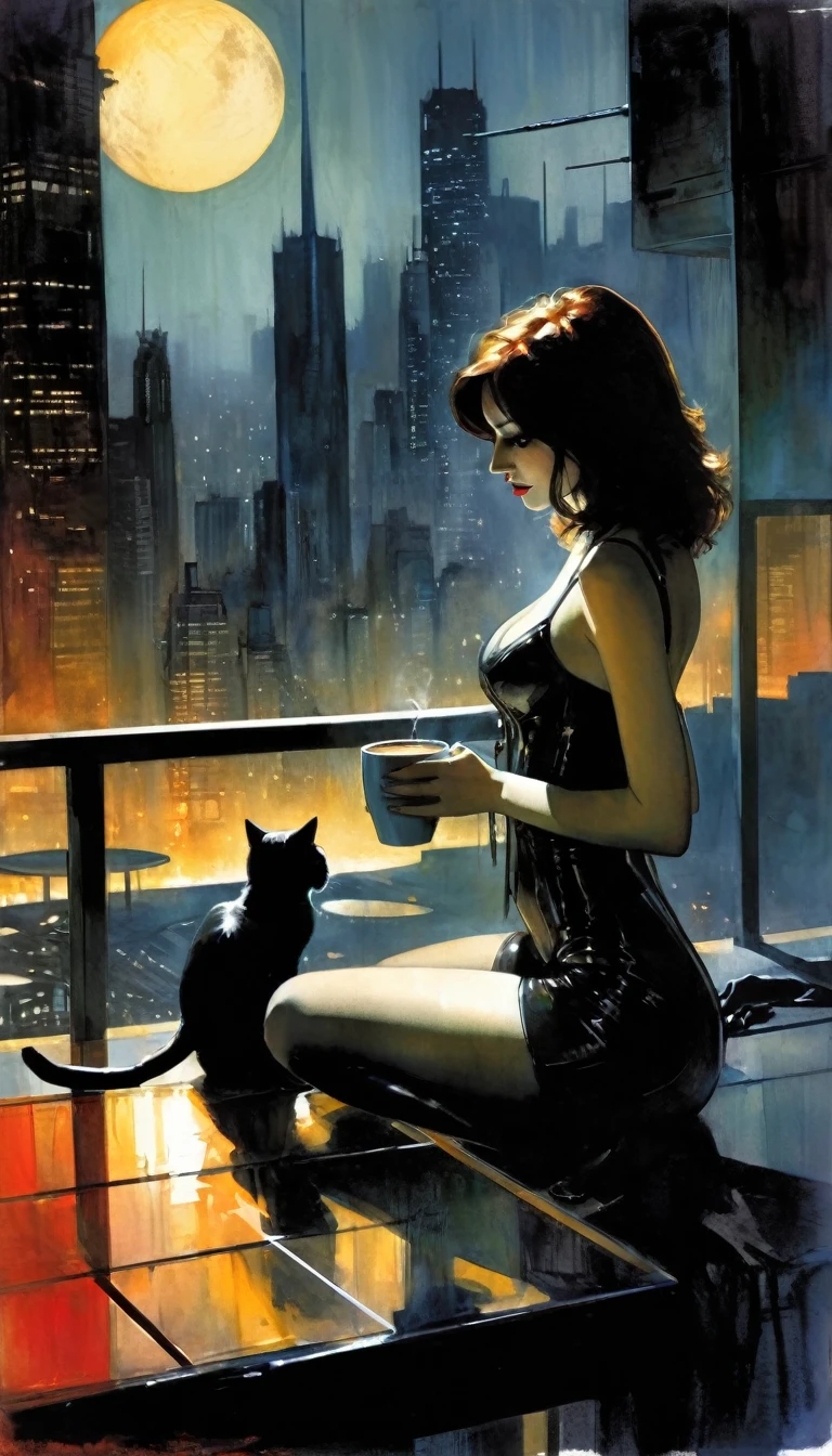 very sexy girl drinks coffee with her pet cat, on a terrace overlooking a futuristic city, sunrise, eroticism, sexy, black and white image, between shadows, oil painting, chiaroscuro, sensual, dramatic lighting, moody atmosphere, photorealistic, intricate details, masterpiece, ultra-detailed, high quality, 8k, best quality, realistic, cinematic, dark and brooding, expressionistic, powerful composition, emotional impact, Bill Sienkiewicz inspired art