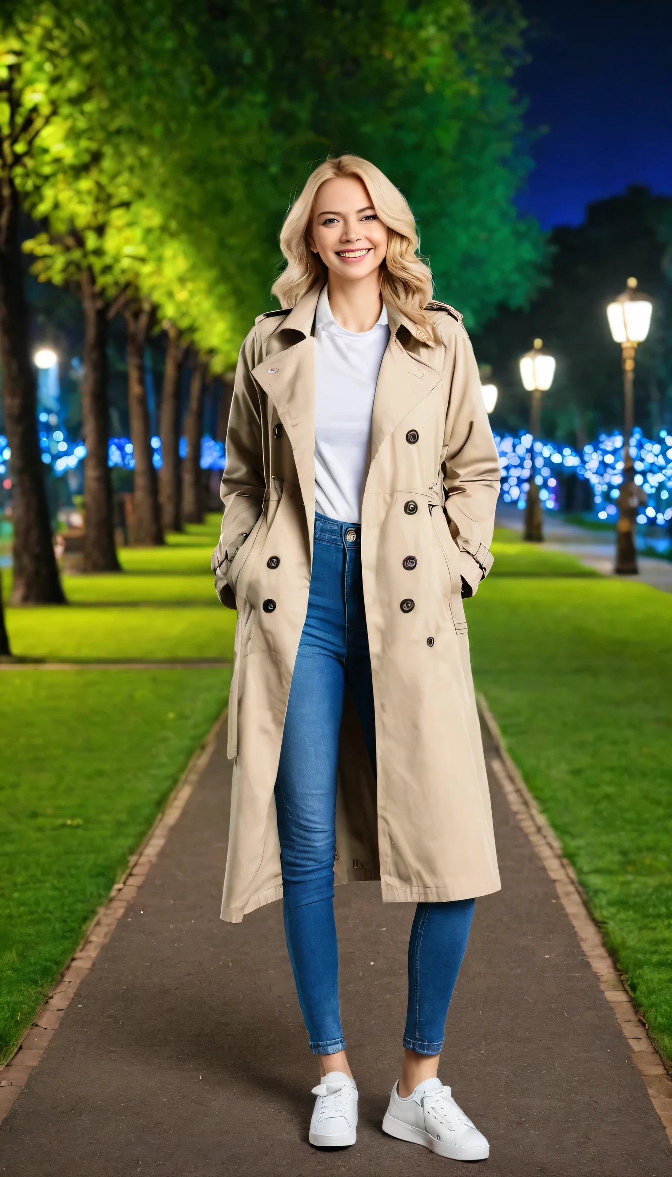 high quality,16K:1.1),(Written boundary depth:1.3) ,Full body photo、Standing Caucasian woman、smile、Smiling with teeth showing、Blonde Hair、blue eyes、Wearing a trench coat、shirt、Skinny jeans、sneakers、View your audience:1.3),(Full Body Shot:1.2),Background is a park at night