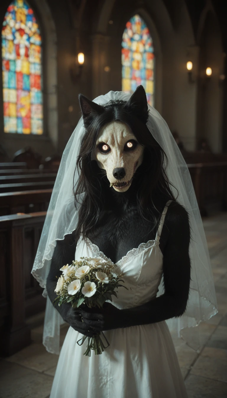 Mammal, Top quality, full body, masterpiece, high resolution, detailed body, hi res, absurd res, 1woman, upper body focus, face focus, furry, anthro, SCP-1471, MalO, female, MalO furry body, Canine scull, elegant wedding dress, athletic, black straight hair, long haircut, black fur, detailed fur, cute hands, detailed hands, ruined church, detailed light, vivid color, pastel soft light, holding flowers bouquet