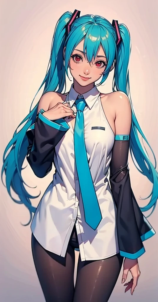 masterpiece, hatsune miku, White shirt, Blue tie, Exposing shoulders, The sleeves are separated, Evil Smiley Face, Dark Skin, Red eyes, Iris, Pupil orange,