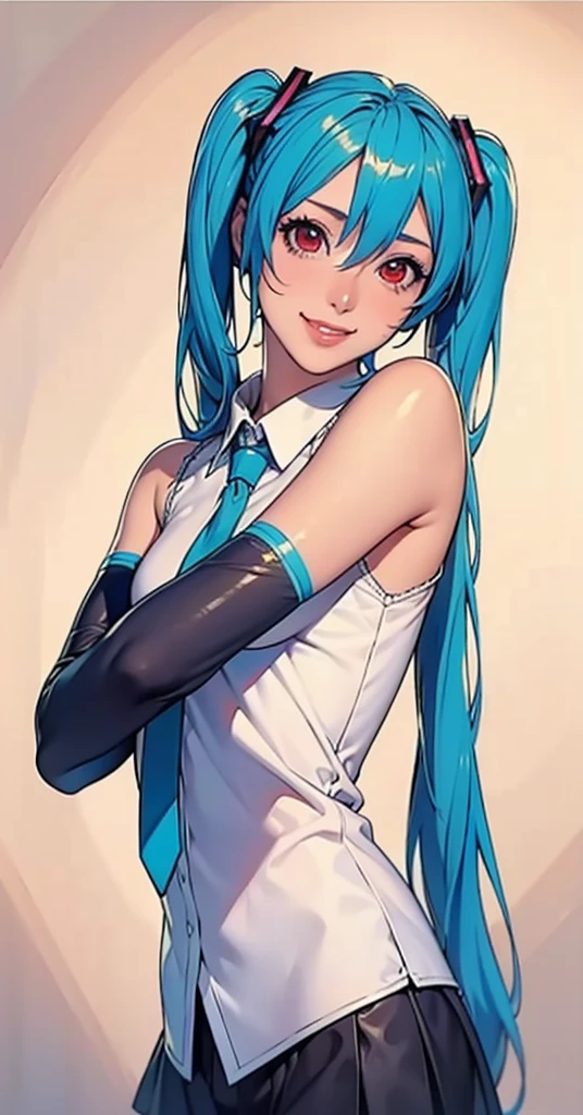 masterpiece, hatsune miku, White shirt, Blue tie, Exposing shoulders, The sleeves are separated, Evil Smiley Face, Dark Skin, Red eyes, Iris, Pupil orange,