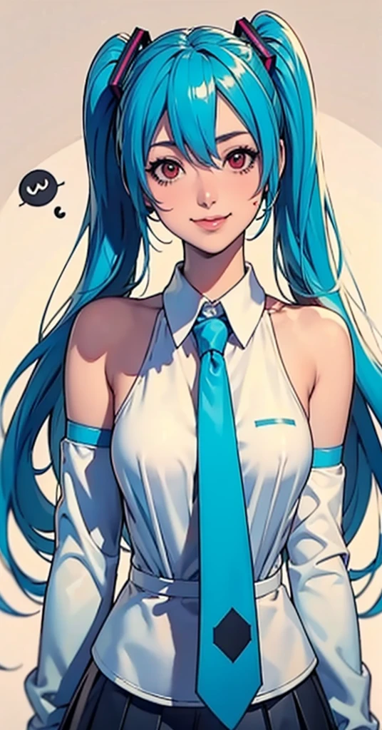 masterpiece, hatsune miku, White shirt, Blue tie, Exposing shoulders, The sleeves are separated, Evil Smiley Face, Dark Skin, Red eyes, Iris, Pupil orange,