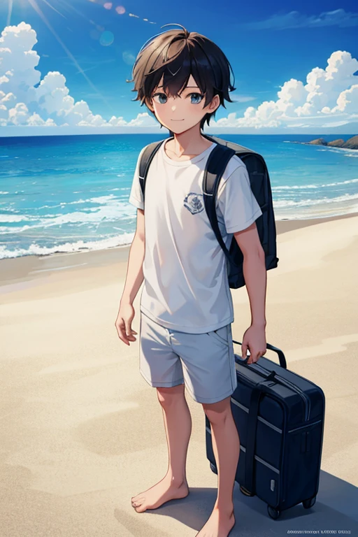 masterpiece, best quality, high resolution, extremely detailed, detailed background, cinematic lighting, 1boy, young man, looking at viewer, beach, white t-shirt, boxer shortpants , smile, wearing  backpack, (backpack:1.0), travel backpack, standing, fullbody, day, sunlight