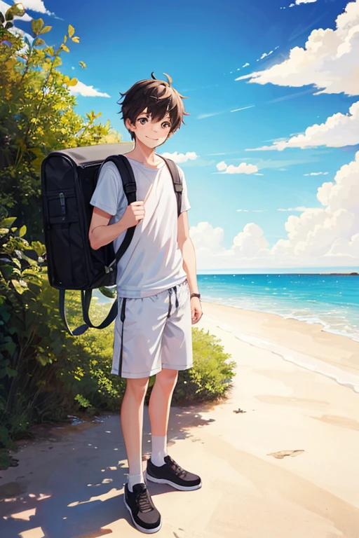 masterpiece, best quality, high resolution, extremely detailed, detailed background, cinematic lighting, 1boy, young man, looking at viewer, beach, white t-shirt, boxer shortpants , smile, wearing  backpack, (backpack:1.0), travel backpack, standing, fullbody, day, sunlight