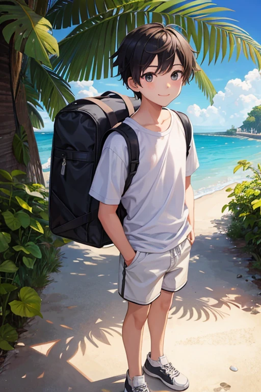 masterpiece, best quality, high resolution, extremely detailed, detailed background, cinematic lighting, 1boy, young man, looking at viewer, beach, white t-shirt, boxer shortpants , smile, wearing  backpack, (backpack:1.0), travel backpack, standing, fullbody, day, sunlight