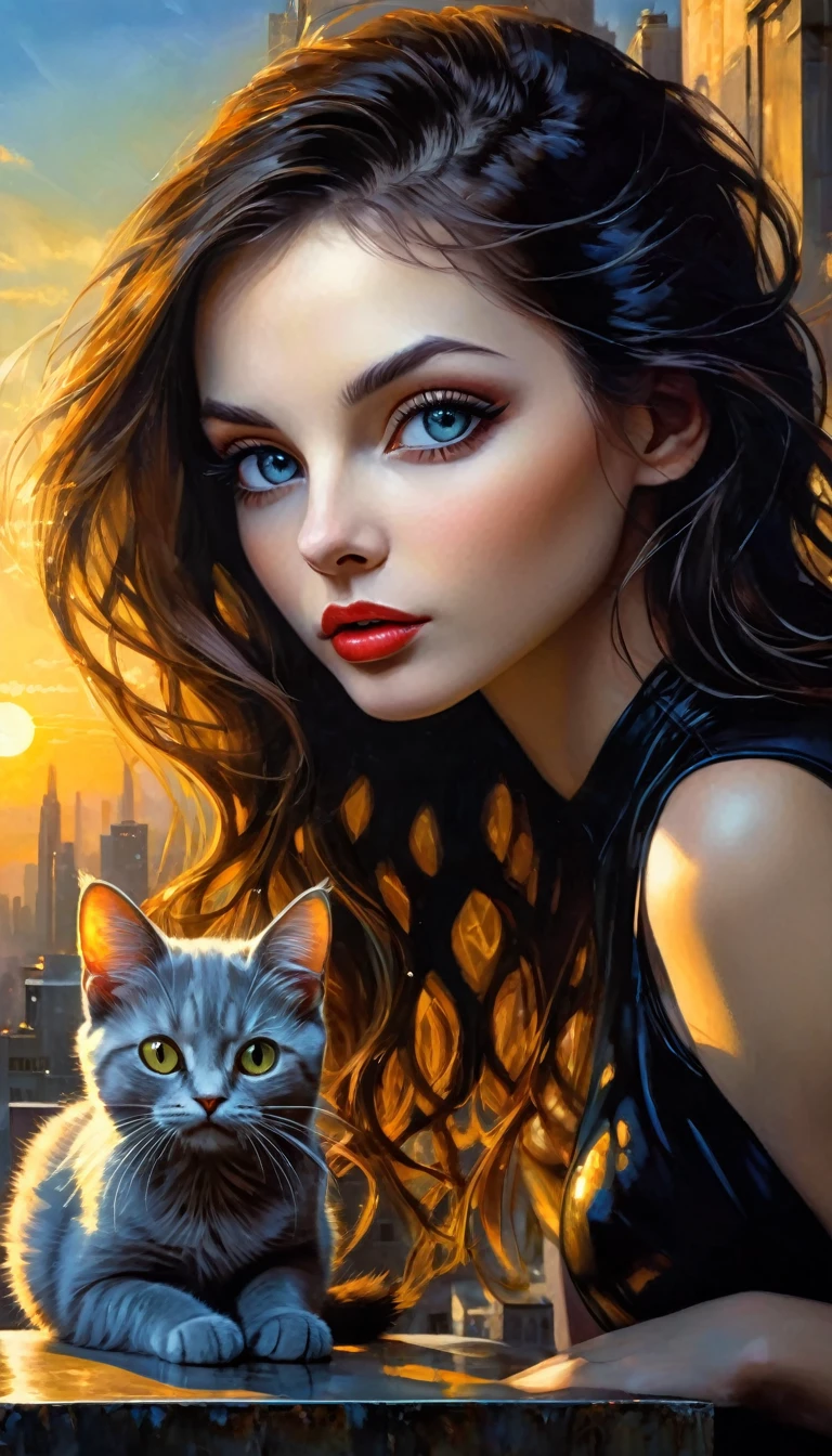 very sexy girl drinks coffee with her pet cat, on a terrace overlooking a futuristic city, sunrise,perfect ass, eroticism, sexy,sex sex sex (best quality,4k,8k,highres,masterpiece:1.2),ultra-detailed,(realistic,photorealistic,photo-realistic:1.37),intricate details,vivid colors,sharp focus,professional,Dave McKean artwork, oil touch of surrealism,oil painting style,portrait,woman,beautiful detailed eyes,beautiful detailed lips,dreamlike atmosphere,shadow play,soft lighting,playful pose,dark hues,ethereal background,fantasy elements,texture,layered composition.