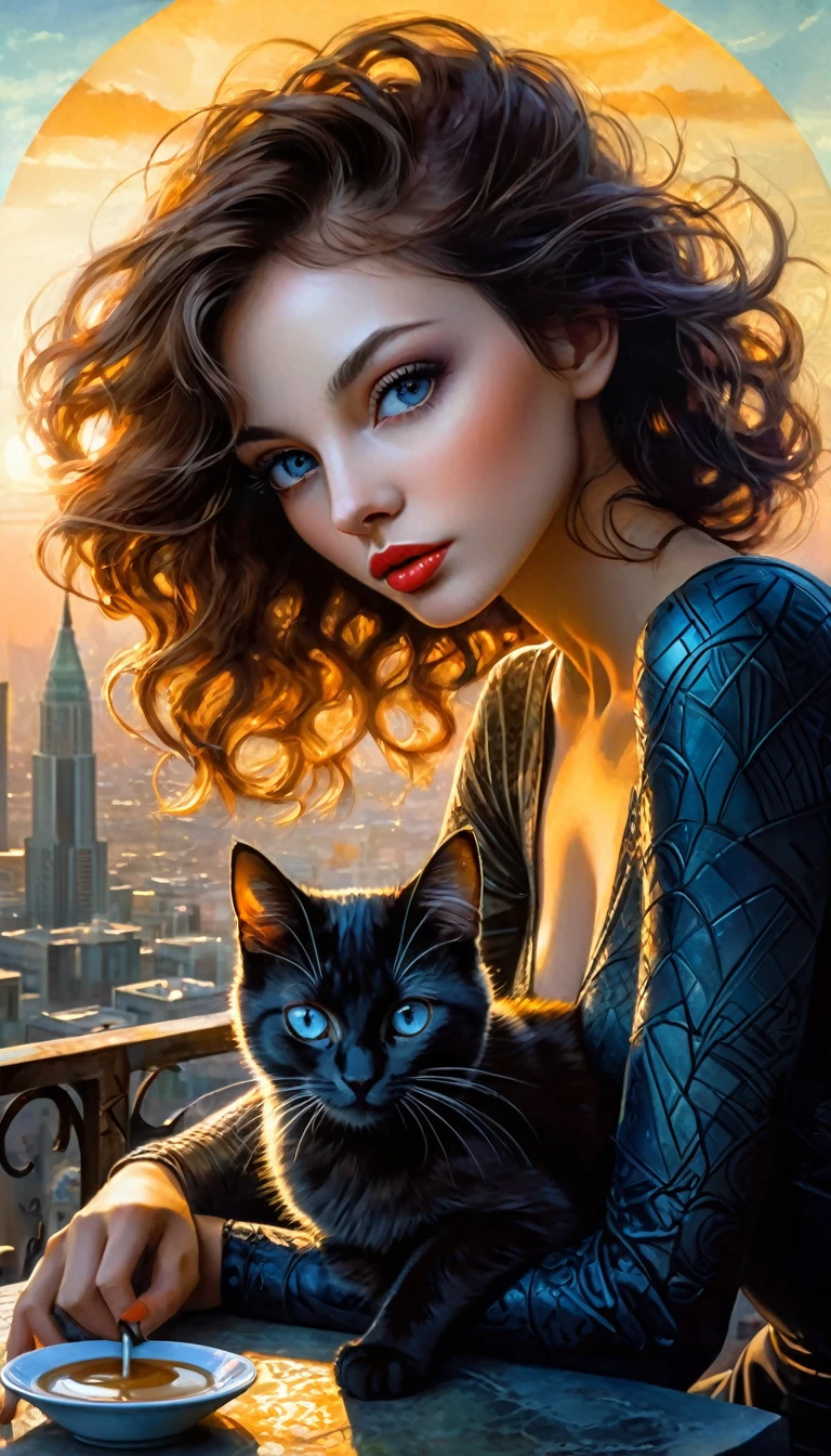 very sexy girl drinks coffee with her pet cat, on a terrace overlooking a futuristic city, sunrise, eroticism, sexy, (best quality,4k,8k,highres,masterpiece:1.2),ultra-detailed,(realistic,photorealistic,photo-realistic:1.37),intricate details,vivid colors,sharp focus,professional,Dave McKean artwork, oil touch of surrealism,oil painting style,portrait,woman,beautiful detailed eyes,beautiful detailed lips,dreamlike atmosphere,shadow play,soft lighting,playful pose,dark hues,ethereal background,fantasy elements,texture,layered composition.
