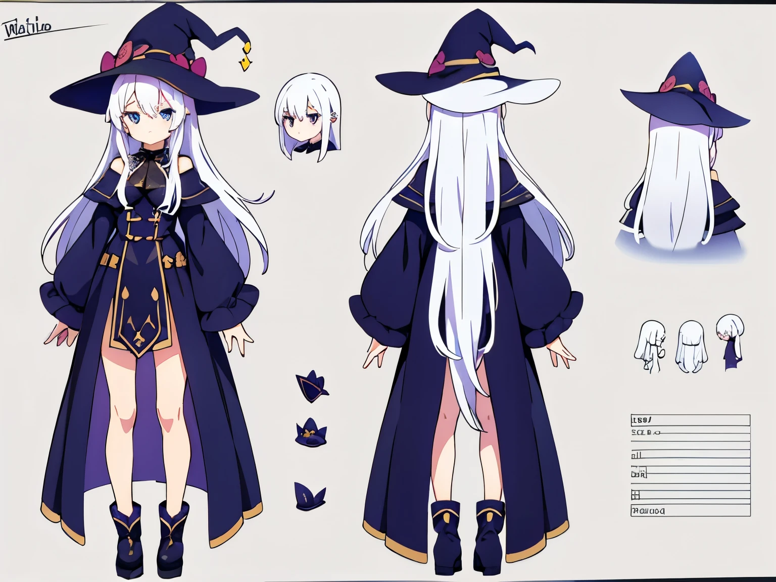 simple background, full body, character sheet, three view drawing, front and back and side, standing girl,color,white hair, long hair, cute, top quality, witch,